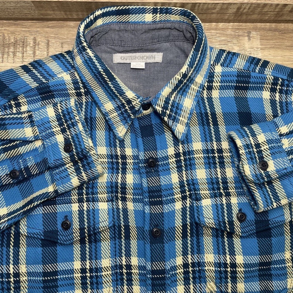 Outerknown Blanket Shirt Mens Medium Blue Cream Plaid Organic Cotton Flannel